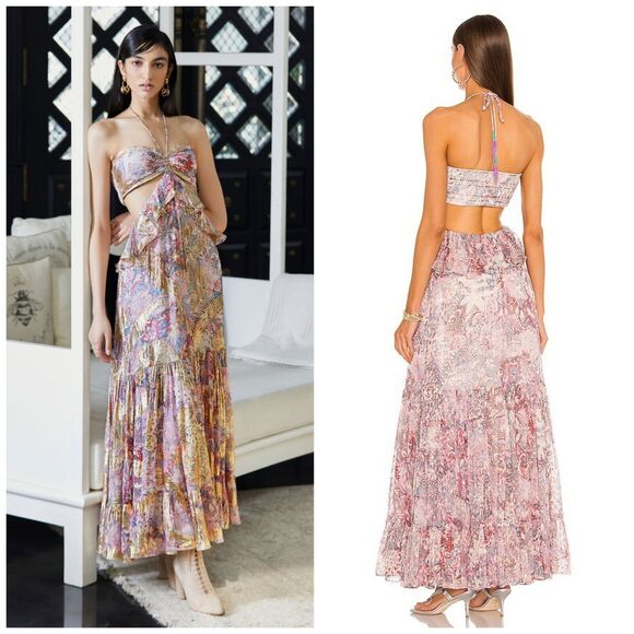 NWOT Rococo Sand Paola Halter Cutout Metallic Ruffle Maxi Dress $445 Medium - Picture 1 of 10